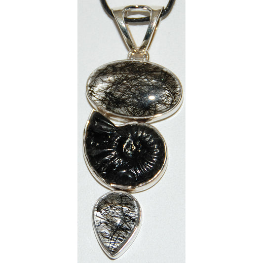 Tourmalinated Quartz and Ammonite Sterling Silver Pendant
