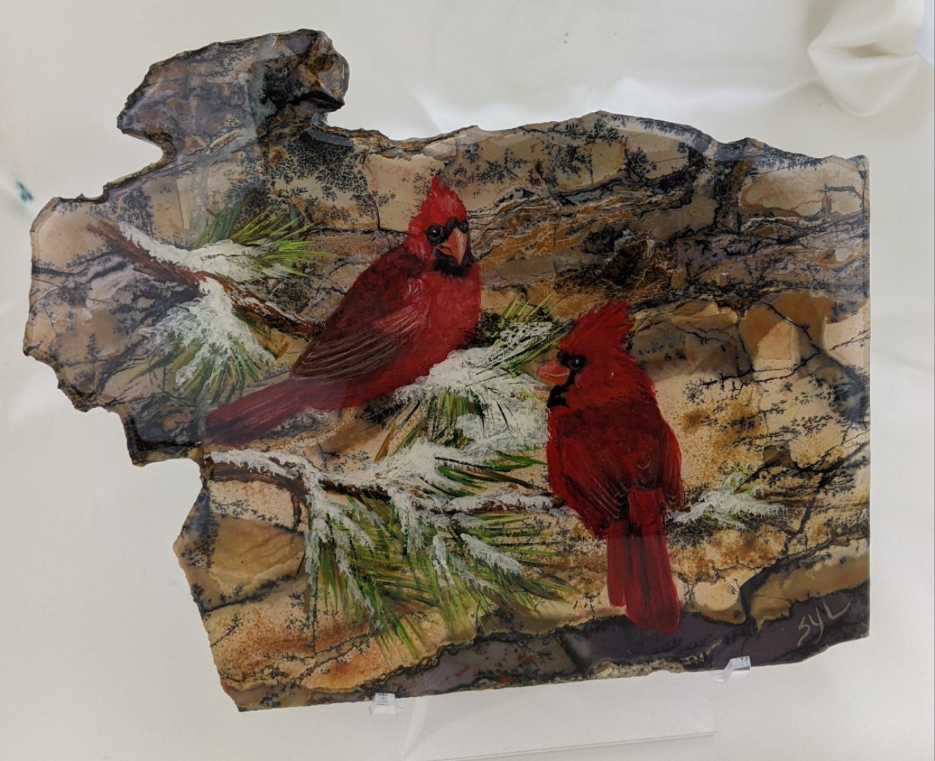 Cardinals on Sage Jasper Slice